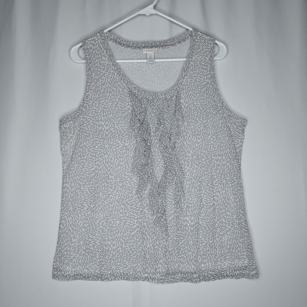 Chicos Mesh Ruffle Tank Women Large Gray Mosaic Floral Stretch Travel Feminine